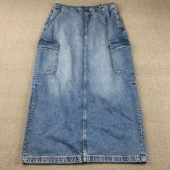 Zara Denim Cargo Skirt Women L Blue Maxi Utility Pockets Long Modest Washed - Picture 1 of 8